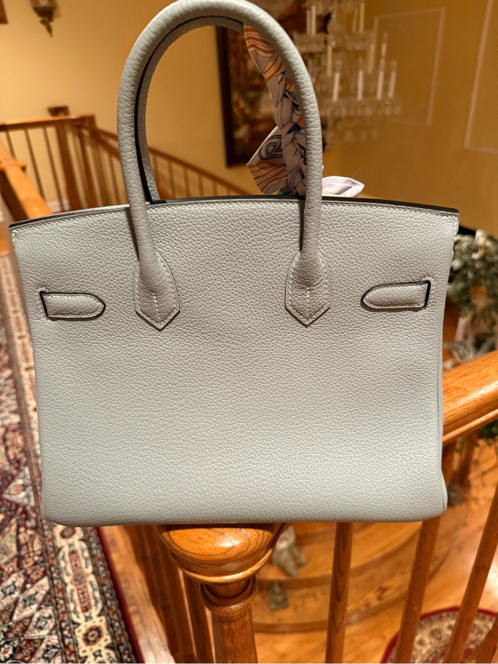 Luxury Women's Top-Handle Togo leather Bag in Light Blue with Removable Scarf - Picture 4 of 9